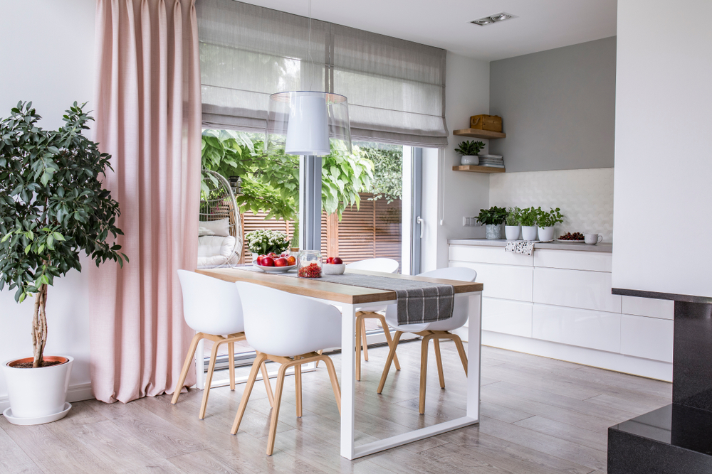 Back Patio Doors With Pink Drapes And Gray Roman Shades